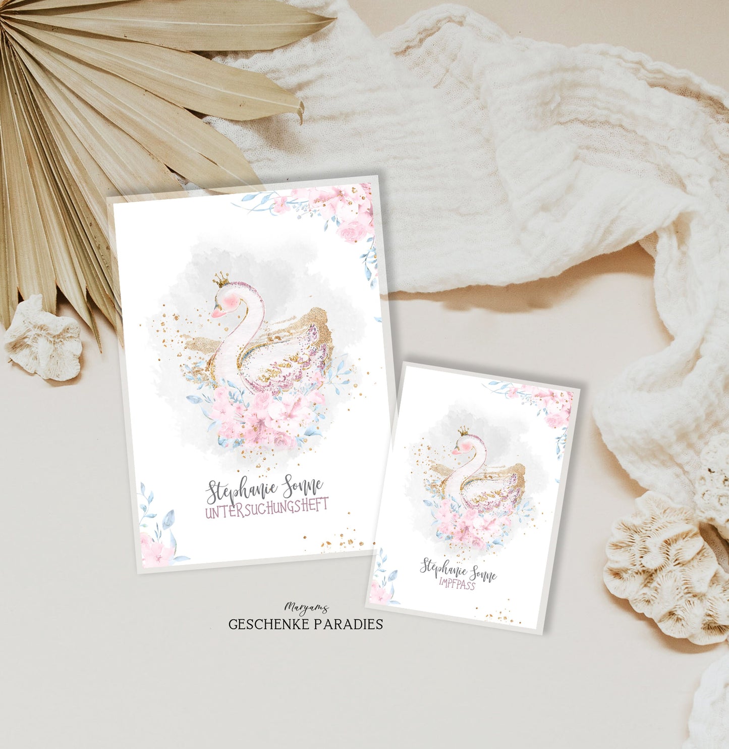 U-Heft und Impfpass Hülle personalisiert für Mädchen, Schutzhülle mit Namen, Geschenk zur Geburt, Baby Party, Schwan
