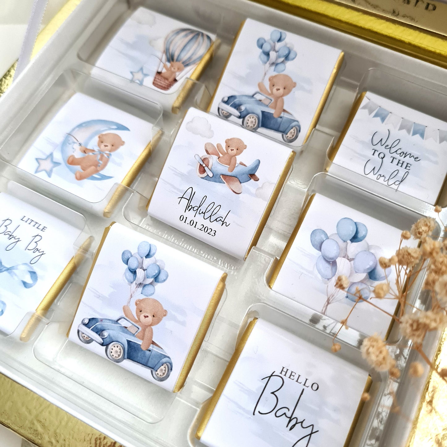 Schokoladenschachtel Baby Shower - Schokolade - personalisierte Schokoladenbox - Schokoladenschachtel Teddy Bär Junge