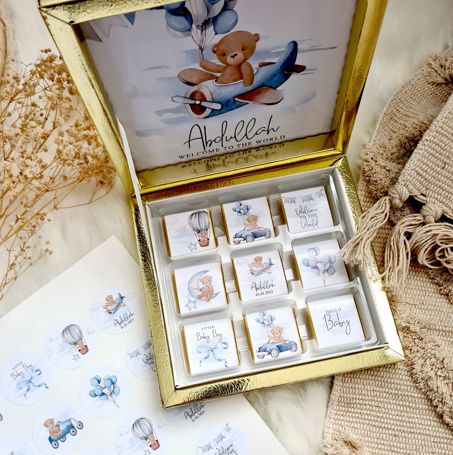 Schokoladenschachtel Baby Shower - Schokolade - personalisierte Schokoladenbox - Schokoladenschachtel Teddy Bär Junge