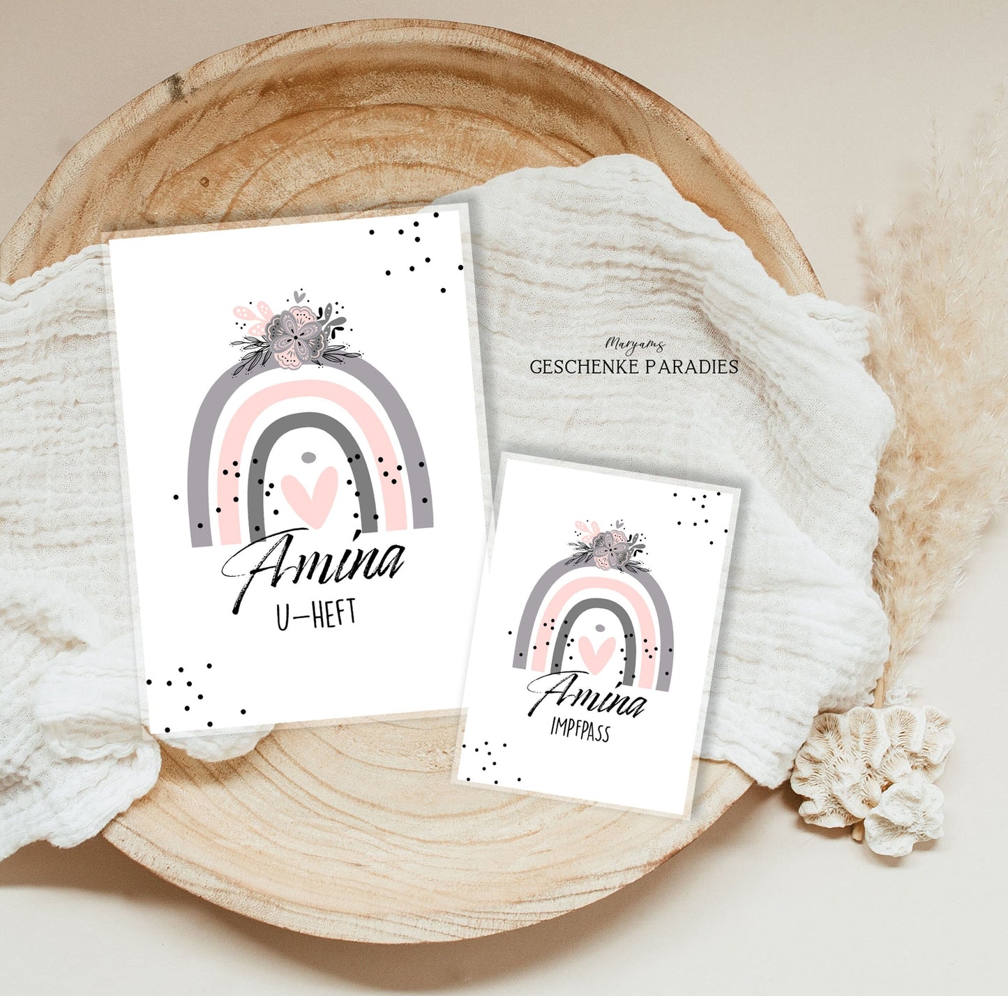 U-Heft und Impfpass Hülle personalisiert für Mädchen, Schutzhülle mit Namen, Geschenk zur Geburt, Baby Party, Regenbogen