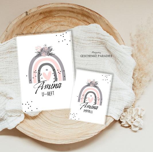 U-Heft und Impfpass Hülle personalisiert für Mädchen, Schutzhülle mit Namen, Geschenk zur Geburt, Baby Party, Regenbogen