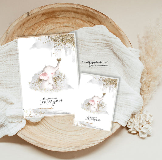 U-Heft und Impfpass Hülle personalisiert für Mädchen, Schutzhülle mit Namen, Geschenk zur Geburt, Baby Party, Elefant
